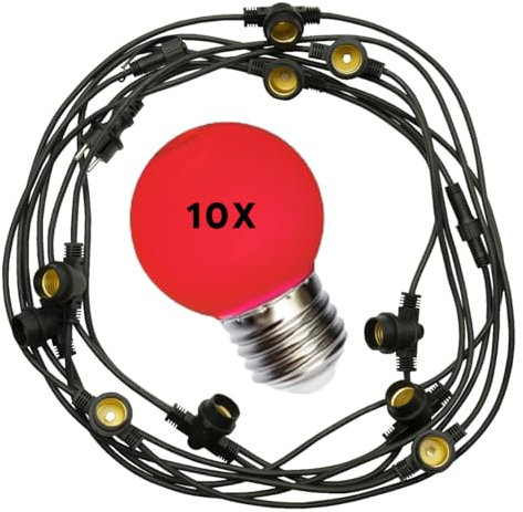 5 Meter E27 LED Girlande mit 10 Lampen - ideal für Garten, Party & Deko - Lichterkette Außen & Innen - mit Stecker - Leuchtkette, Leuchtgirlande, Lichtkette, Festbeleuchtung, Biergarten (10x ROT)