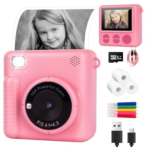 Appareil Photo Instantané Enfant,1080P HD Appareil Photo Numérique pour Enfants avec Carte SD 32 Go et Papier Photo Imprimé, Cadeau pour Filles Garçons 3-14 Ans (Rose)