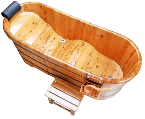 Qcesorib Badewanne en Bois mit Weichem Kopfkissen, Freistehende Badewanne mit Kleinem Hocker, Luxus Badewanne mit Hängekorb, Für Hotel Schönheitssalon, 1.3x0.62x0.75m