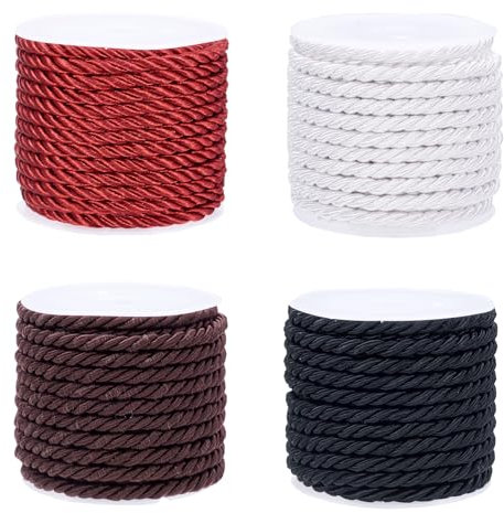 PandaHall - 4 rotoli di cordoncino intrecciato a 3 strati, 3 mm, nero, bianco, marrone, rosso, corda d'onore per coulisse, borse, tende, fermatenda, decorazione per la casa