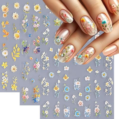 Nagelsticker Blumen Frühling Nail Art Sticker 5D Selbstklebend Blau Wildblume Klein Daisy Nagelaufkleber Frühling Sommer Blumen Dekoration Nageldesign Zubehör (3Blatt)