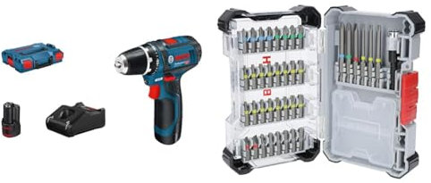 Bosch Professional 12V System Akku Bohrschrauber GSR 12V-15 (inkl. Schnellladegerät GAL 12V-40, 2x Akku GBA 12V 2.0Ah, L-BOXX) + 40-tlg. Extrahartes Schrauberbit-Set, Amazon Exklusiv (197 x 110,5 mm)