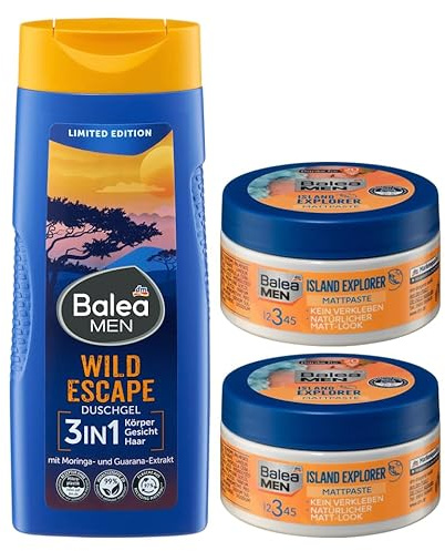 Balea Men 3er-Set Haut- und Haarpflege: Duschgel Wild Escape 3in1 für Körper, Gesicht & Haar erfrischend mit Guarana-Extrakt, 300 ml + Mattpaste Island Explorer natürliches Styling, 2 x 100 ml (500ml)