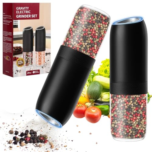 HOTUT 2 Pcs Electric Salt and Pepper Mills, Battery Operated Pepper Grinders, Automatic Mill Grinders with LED Light, One Handed Operation, Adjustable Coarseness, Ceramic Grinder, Black