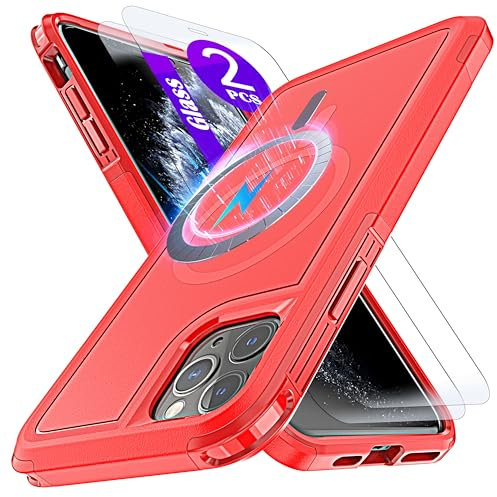 YmhxcY Magnetic for iPhone 11 Pro Max Case 6.5-Inch,Fit for MagSafe,[2 Pack Tempered Glass Screen Protector] Shockproof Military-Grade Protection case-Red