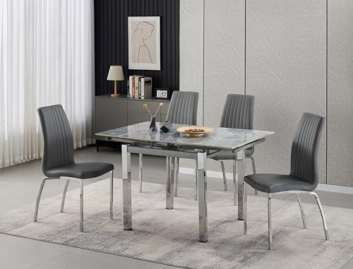 Furnizone UK Piccolo Grey Sintered Stone Extending Dining Table with 4 Modalux Faux Leather Chairs Dining Set (Grey)
