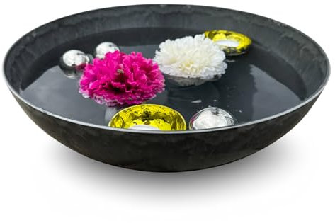 matches21 HOME & HOBBY Miniteich Komplettset mit Ø 37 cm Pflanzschale in Schwarz bauchig mit Schwimmkugeln & Teelichtschalen Gelb