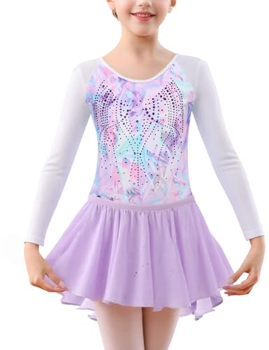 SEAUR Turnanzug Mädchen Gymnastikanzug Glitzer Gymnastik Trikot mit Rock und Haarband Kinder Langarm Leotard Set Mehrfarbig 5-12 Jahre