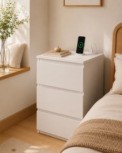 Amveya Nachttisch mit Steckdose Weiß Nachtschrank 3 Schubladen 40x35x60 cm | Komodenschrank mit Ladefunktion moderne Nachtkommode mit Stauraum als Beistelltisch für Schlafzimmer und Wohnzimmer