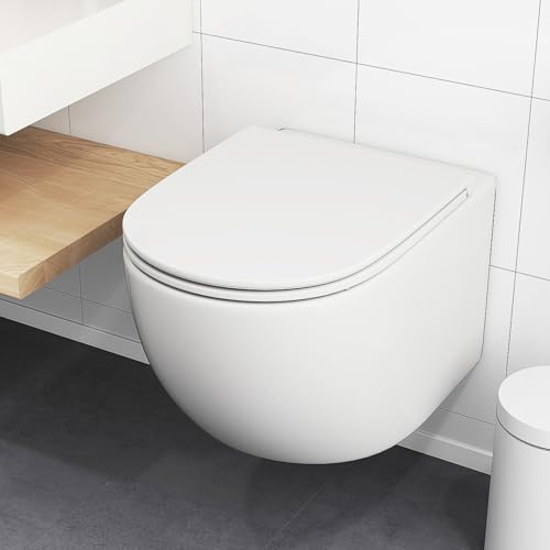 RELAX4LIFE Wall Hung Toilet, Wall-Mounted Ceramic Rimless WC Pan with Soft Close Seat and and Dual Flush System, Bathroom Cloakroom Back to Wall Toilet, 52.5cm Long, No Included Concealed Cistern