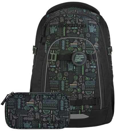 coocazoo Mate Schulrucksack „Free Spirit”, schwarz-grün, 3-teilig, ergonomischer & anpassbarer Tornister, höhen- & größenverstellbar, mit Brustgurt & Hüftgurt, ab der 3. Klasse