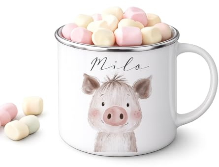 Personalisierte Kinder Emaille Tasse mit Namen – Niedliche Tiermotive Kindertasse – Geschenk zur Geburt, Taufe, Geburtstag, Einschulung (Ferkel)