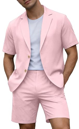 Generico Abito Uomo Elegante Completo 2 Pezzi con Blazer Maniche Corta Leggero e Pantaloncini Baggy Abiti da Cerimonia Estivo Casual per Matrimonio Lavoro Ufficio Uscire Festa,