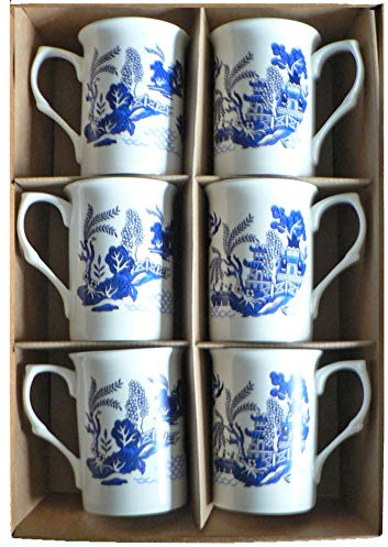 Blue Willow Pattern Bone China Mugs - Set of 6 Gift Boxed 10oz Mugs Each Decorated with Blue Willow Pattern