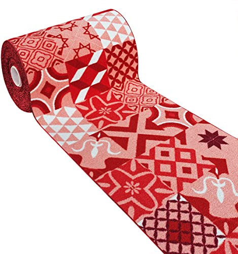 Tappeto Cucina Tessitura Piatta Retro Antiscivolo Piastrelle Maioliche Multiuso Corridoio Bagno Camera MOD.FAKIRO36 50x80 Rosso