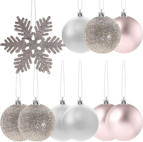 Amosfun 24Pcs Silver Pink Christmas Decorations Xmas Tree Silver Baubles Snow Balls Christmas Party Snowflake Pendant