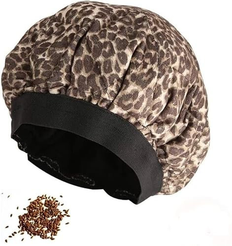 Locisne Akku-Haarkappe für die Tiefenpflege, mikrowellengeeignete Wärmehaarkappe für die Haartherapie, Leinsamen-Innenretentions-Thermo-Haarkappen für die Haarbehandlung, Leopard