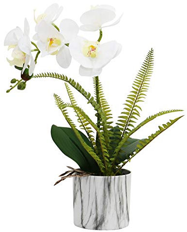 Olrla Plante d'orchidée Artificielle Blanche en Pot, Faux bonsaï de Phalaenopsis au Toucher réel pour la décoration de Jardin de fête de Mariage de Bureau (Blanc 1)