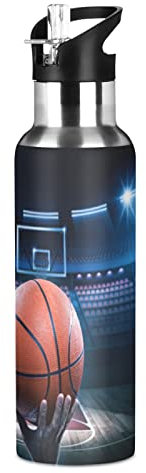 Vnurnrn Basket-Ball Art Sports Bouteille d'eau Isotherme avec Paille en Acier Inoxydable Gourde 600ML, Sans Bpa Gourdes Eau pour Enfant Sport Randonnée École Bureau