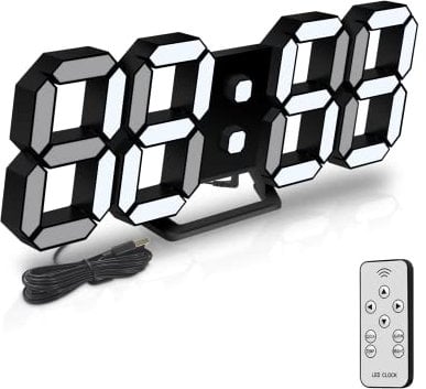 Deeyaple Reloj de Pared Digital LED 3D Pequeño Despertador 25.2CM 12/24 Horas Temperatura Fecha Visualización Hora Memoria Función Snooze Luz Nocturna Brillo Ajustable Control Remoto Nigro