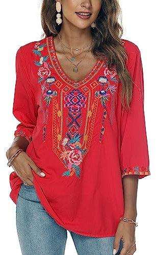 Seasonal Bohemian Embroidery Mexican Tops Women's Summer Boho Shirts Hippie Peasant 3/4 Sleeve V Neck Blouses Tunic (328-Red, S)