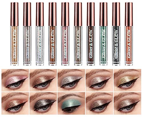 Flüssiger Lidschatten, MKNZOME 10 Farben Schminke Glitzer Lidschatten Liquid Eyeshadow Langlebiges Wasserdichtes Augen Make-up für Geburtstag Weihnachten Halloween Party oder Täglich