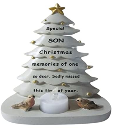 PHG Fancy Christmas Tree Grave Ornament with Heart Consoling Saying | Premium Quality Memorial Gift for Loved Ones | Grave Ornament with Flickering Tealight | Memory Tree | White (Son)