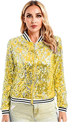inhzoy Damen Glitzer Pailletten Party Jacke Glanz Bomberjacke Motorradjacke Fasching Disco Nachclub Gogo Hip Hop Streetdance Oberteil Gold XL