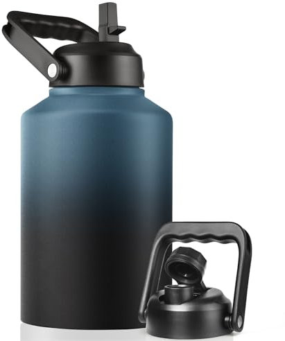 EALGRO Gallon Insulated Water Bottle Jug with Straw, 128 oz Large Stainless Steel Sports Metal Water Canteen With Handle, Thermal Water Cup Mug with 2 Lids, Indigo Black