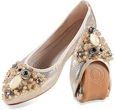 MACHSWON Womens Fold up Pumps Roll up Shoes Foldable Ballet Flats with Sparkly Rhinestone, Portable Ladies Slip On Loafers(Gold-3, Size 6)