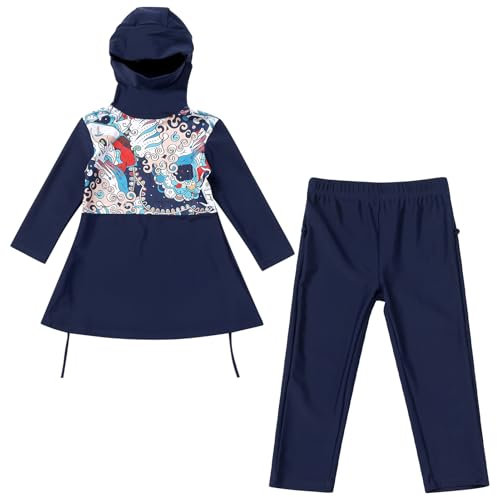Kinder Mädchen Muslimischen Badeanzug Full Cover Badebekleidung Burkini Modest Islamischen Ganzkörper Hijab Langarm Top Hose Set Wassersport Surfen Outfit Bademode Schwimmanzug Dunkelblau 11-12 Jahre