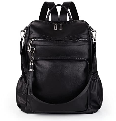 UTO Backpack Womens Travel Bag Multi Compartments fits 14 Inches Laptop Vegan Leather Black