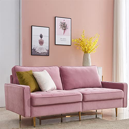 WEALTHGIRL Moderne Zweisitzer-Couch, 180 cm langes, mit Samt gepolstertes Sofa aus der Mitte des Jahrhunderts, 2-Sitzer-Sofá-Stühle mit konischen Beinen aus goldenem Metall für kleine Räume (Rosa)