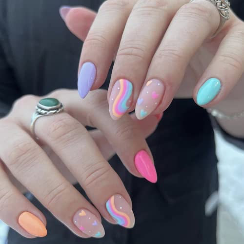 False Nails Medium Length, French Stick on Nails, 24pcs Almond Pink Press On Nail with Glue Elegant Ballet Heart Design Sweet Fake Nails for Women Girls DIY (Colourful)