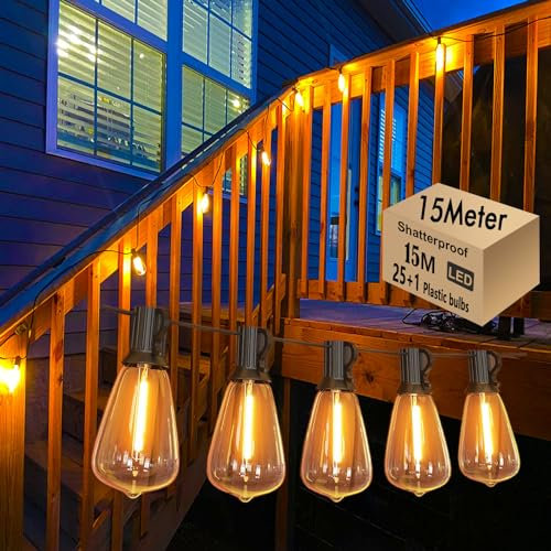 Skeerei 15M Festoon Lights Outdoor Mains LED Waterproof Garden String Lights with 25+1 Shatterproof LED Bulbs, Connectable Patio Lights String for Outside