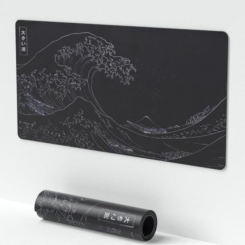 SUEHIODHY Grand Tapis de Souris Kanagawa avec Base antidérapante Motif Vagues japonaises Noir 57,4 x 30 cm