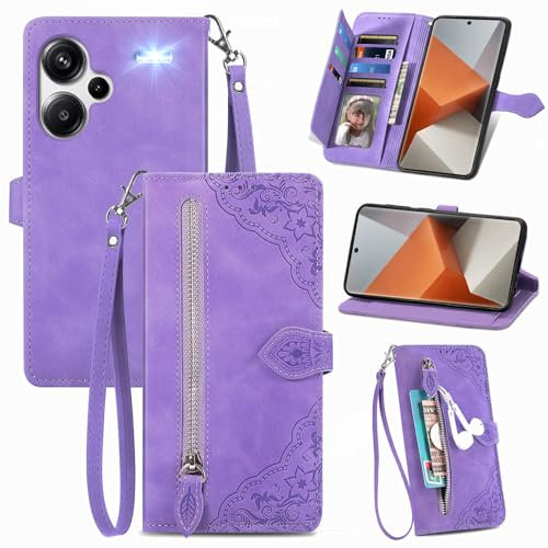 MOJIA Funda Cartera para Xiaomi Redmi Note 13 Pro+ (Plus) 5G, Carcasa de Teléfono con Tapa a Prueba de Golpes y Anticaída de PU con Muñequera. Violeta