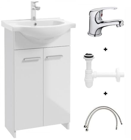 Deftrans Domodomo Mobile da bagno con lavabo, 85 x 45 x 26 cm, mobile in ceramica bianca, mobile a pavimento per bagno piccolo (set rubinetto lavabo + sifone)