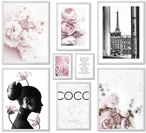 ARTFAVES® Poster Set - COCO - mehrteilige Wanddeko Wohnzimmer & Schlafzimmer - 8 moderne Wandbilder Rose, Fashion, rosa, pink, Glamour, Lifestyle, Blumen, Parfum, Mädchen - mit Rahmen Weiss