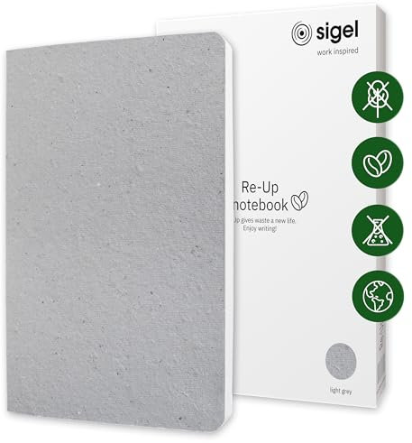 SIGEL RU100 veganes Notizbuch A5 kariert aus Kaffee/Baumwollresten, dickes 100 g Papier, NCP-Award: nachhaltig, frei von Plastik und Chemikalien, 100 Seiten, Re-Up Notizheft Geschenkbuch hellgrau