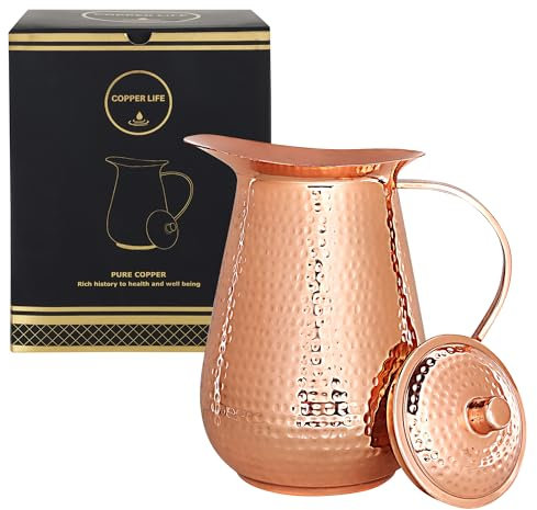 Brocca in rame fatta a mano martellata grande brocca con coperchio 100% puro rame non rivestito per benefici ayurvedici per la salute |70 once per la casa e regali, CL-CJ-01