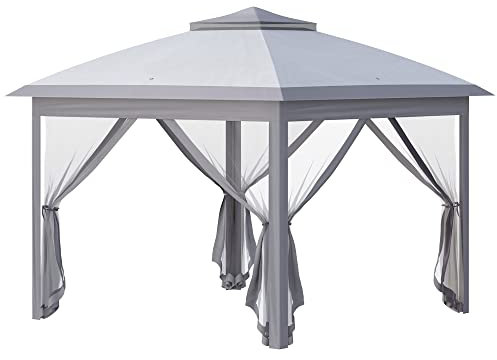 Outsunny Carpa Plegable 3,3x3,3 m Cenador de Jardín con Altura Ajustable en 3 Niveles Doble Techo 4 Mosquiteras Extraíbles y Bolsa de Transporte Impermeable Anti-UV Gazebo para Exterior Fiestas Gris