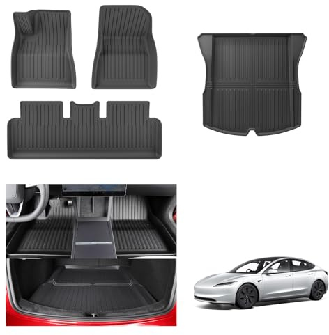 [4-Teilig] GAFAT Neu Tesla Model 3 2026-2024 (Standard & Premium) Fussmatten+Kofferraummatten, Model 3 Highland 2025 TPE Allwetter Innenmatten für Kofferraum & Boden, OEM Original 3D-Scan Hohe Kante