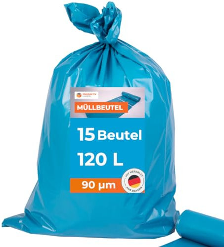 Müllsäcke 15 Stück - 1 Rolle | 120l extra starke blaue Müllbeutel | stabile Abfallsäcke 90µm | 100% Recyclinganteil | sehr reißfest & wasserdicht