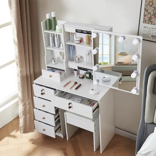 Dressing Table with LED Lights and Mirror, White Vanity Makeup Table with Mirror and Stool, Bedroom Dresser Cosmetic Makeup Desk with Drawers and Shelves Storage Unit (Vanity t6)