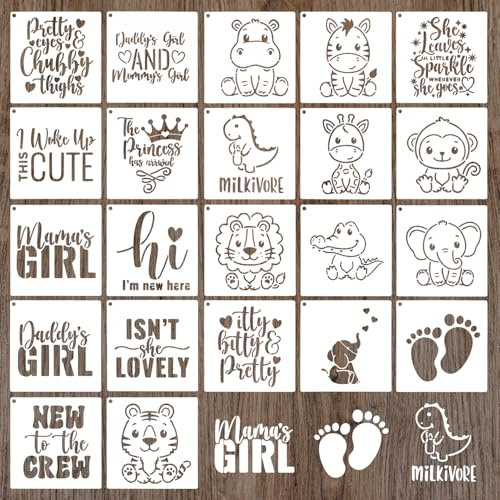 22stk Baby-Schablonen zum Malen, Babyparty-Schablonen zum Bemalen von Stoffen Babyparty für Baby-Strampler Dekorationsset Basteln Lätzchen Body Tasche Hemd Schuhe