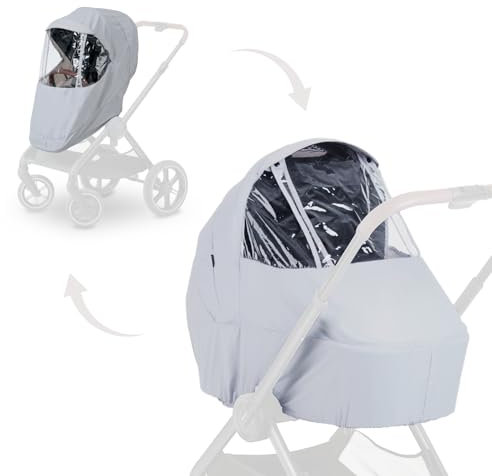 hauck 2in1 Universal Regenschutz für Babywanne und Buggy, Einfache Befestigung mit Tunnelzug, Zugängliches & Verschließbares Sichtfenster, PEVA Folie + Wasserfester Stoff, Klein Faltbar (Grau)