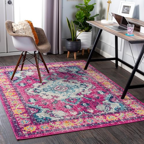 Livabliss Tazrouk Vintage Rug - Area Rugs Living Room 200x275 cm, Dining Floor, Kitchen, Traditional Multicoloured Boho Style, Easy Care Pile, Bohemian Large Rug, Fuchsia, Blue, Orange, Beige