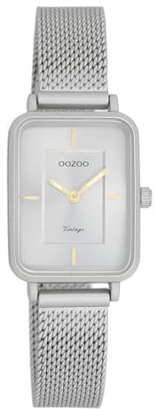 Oozoo Vintage Damen Uhr hellgrau | Armbanduhr Damen mit Metallmaschen-Armband | Moderne Uhr für Frauen | Edle Analog Damenuhr in rechteckig C20383 (22x30mm Gehäuse)
