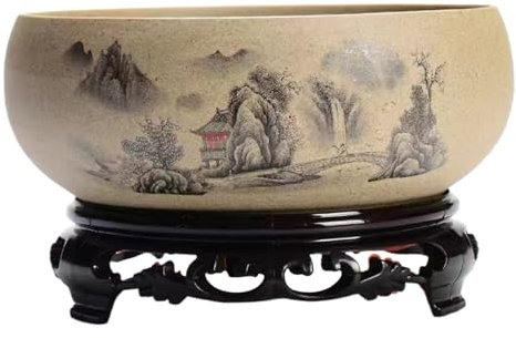 BEAHING Ceramic Planter Round 6.5 In Dia Decorative Chinese Style Bowl Planter with Base Gardening Desktop Ink Painting Outdoor/Indoor Large Planter Pots for Patio Balcony Home Bowl Lotus